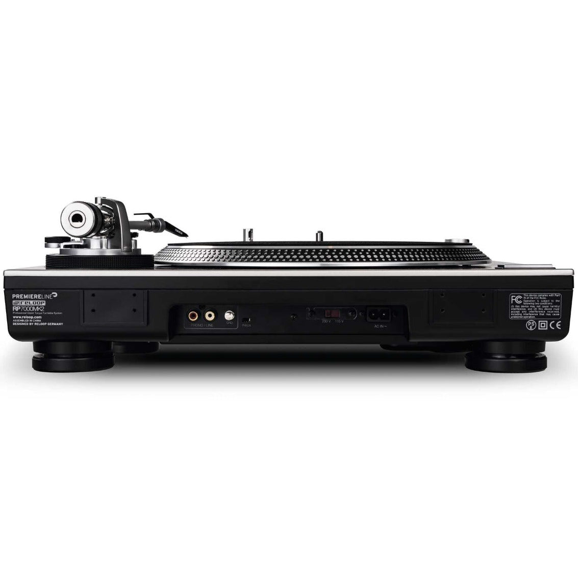 Reloop RP-7000 MK2 DJ turntable with black finish, featuring tonearm and control controls on a turntable platter.