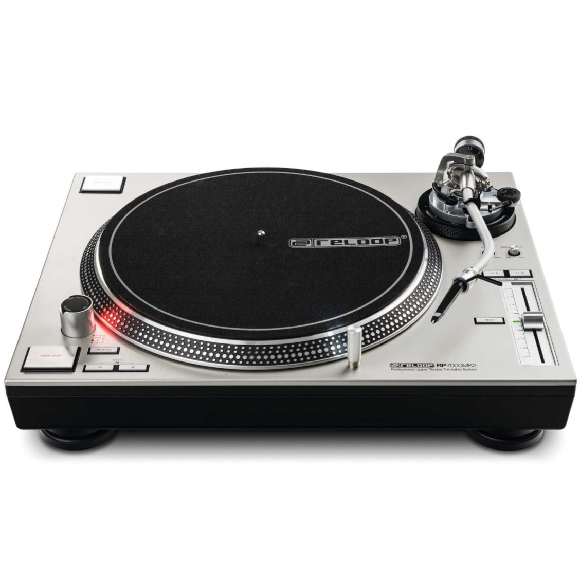 Reloop RP-7000 MK2 DJ turntable with black platter and control features, used by DJs for mixing and scratching.
