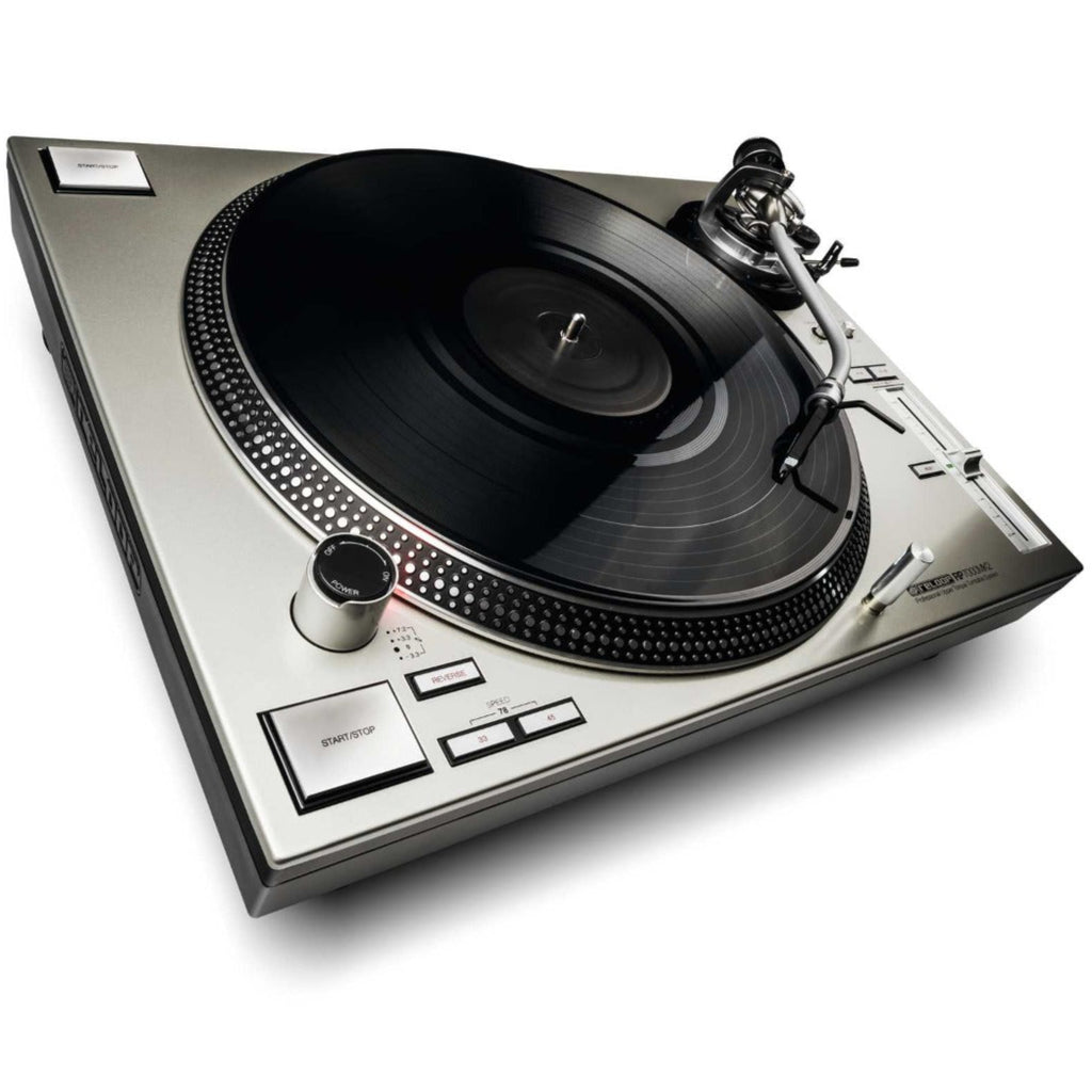 Reloop RP-7000 MK2 DJ turntable with sleek black design, high-torque motor, and professional-grade controls for DJs.