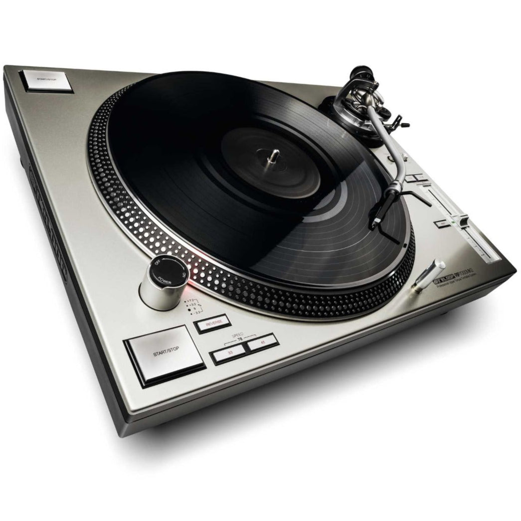 Reloop RP-7000 MK2 DJ turntable with sleek black design, high-torque motor, and professional-grade controls for DJs.