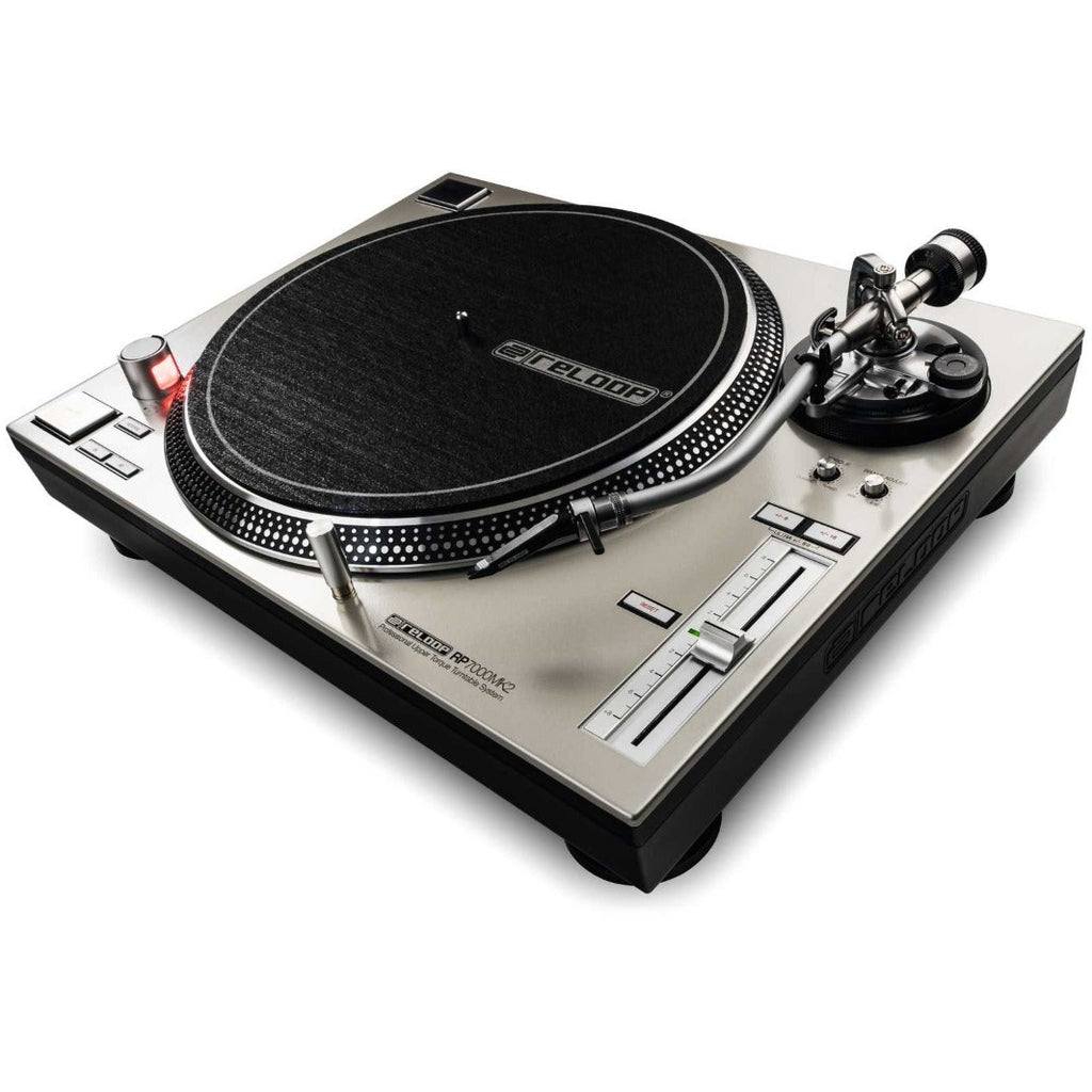 Reloop RP-7000 MK2 DJ turntable with professional pitch controls and sturdy build, shown from a side angle.