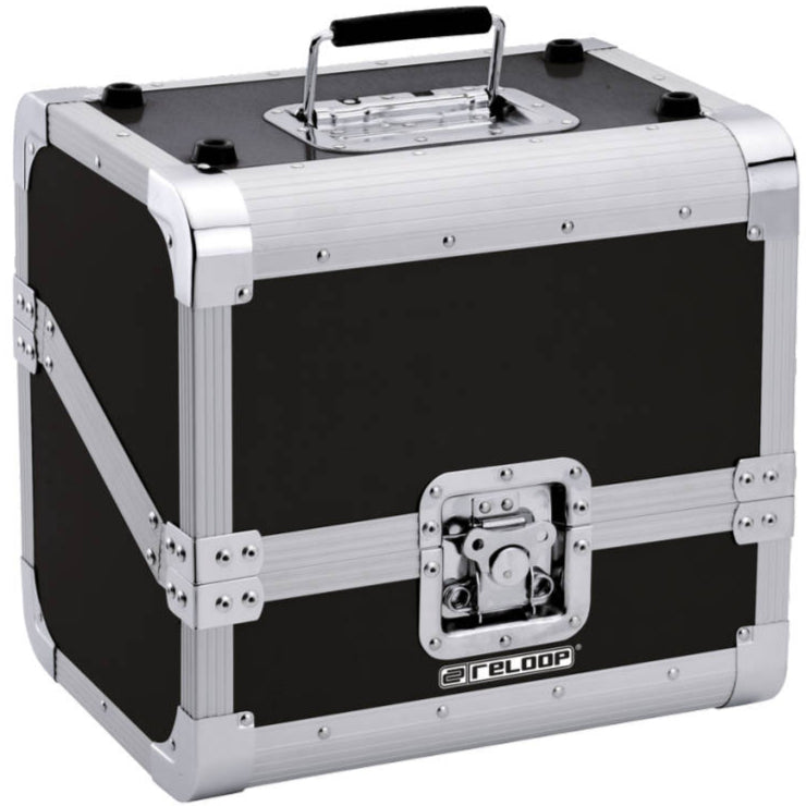 Black Reloop 80 DJ record case with sturdy handle and secure latches for protecting and transporting vinyl records.