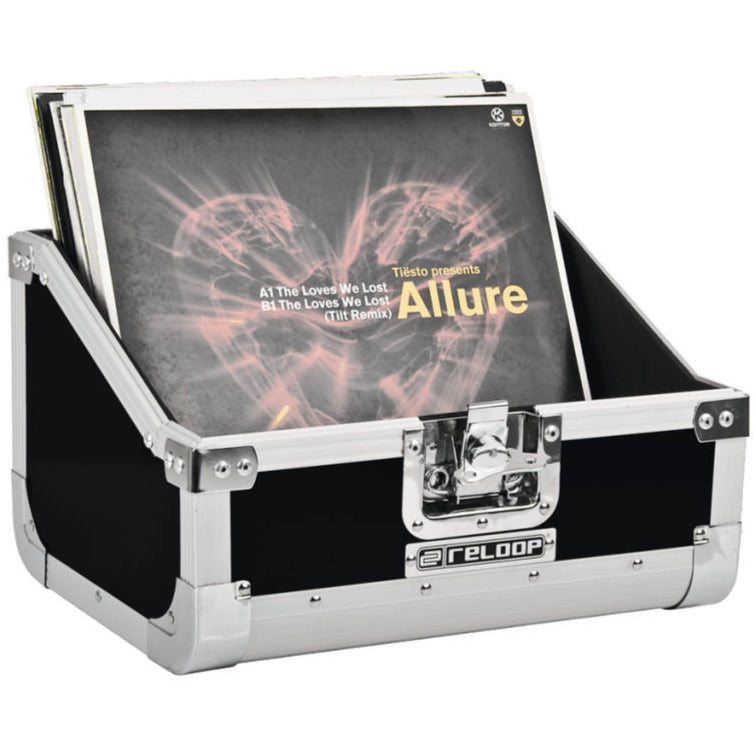 Black Reloop 80 DJ record case with sturdy handle and secure latches, designed for protecting and transporting vinyl records.