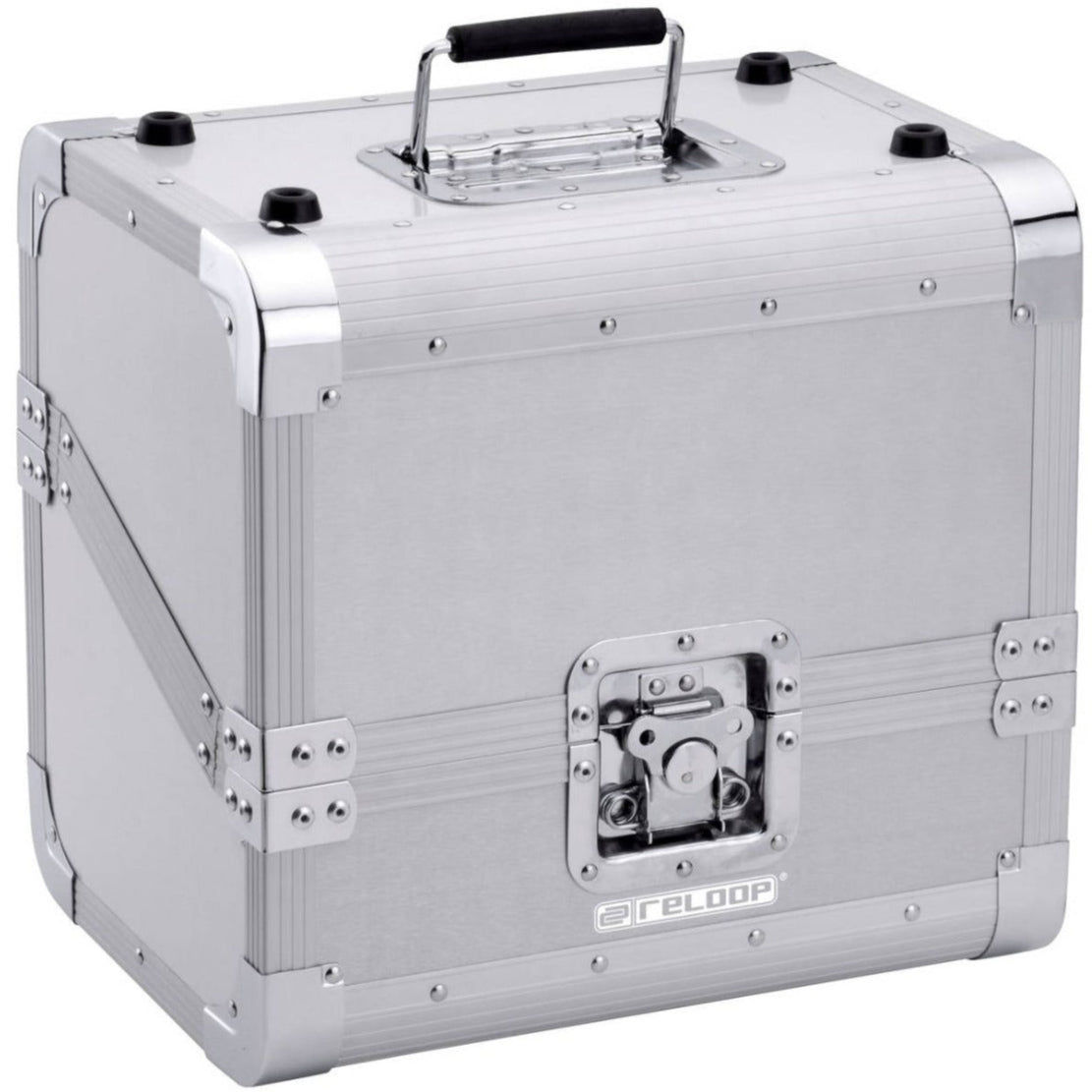 Silver Reloop 80 DJ record case with padded exterior and handle for secure transport of vinyl records.