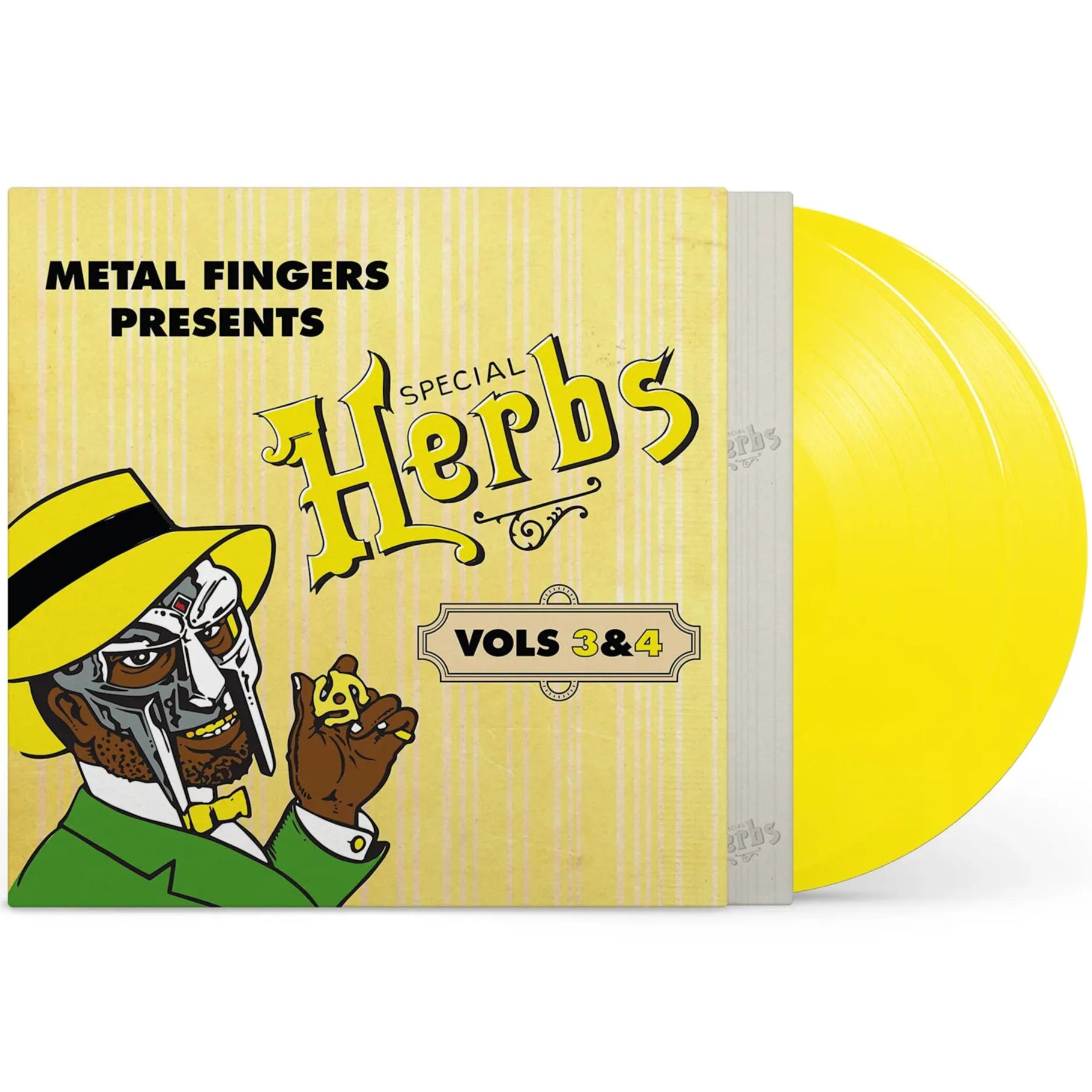 Yellow vinyl 2LP of MF Doom's Metal Fingers Presents: Special Herbs Vol. 3 & 4, hip-hop album by Rhymesayers Entertainment.
