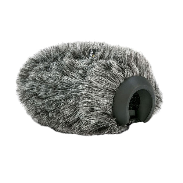 Rode DeadCat VMP+ microphone windscreen and deadcat for outdoor audio recording, showing the furry wind cover on a microphone.