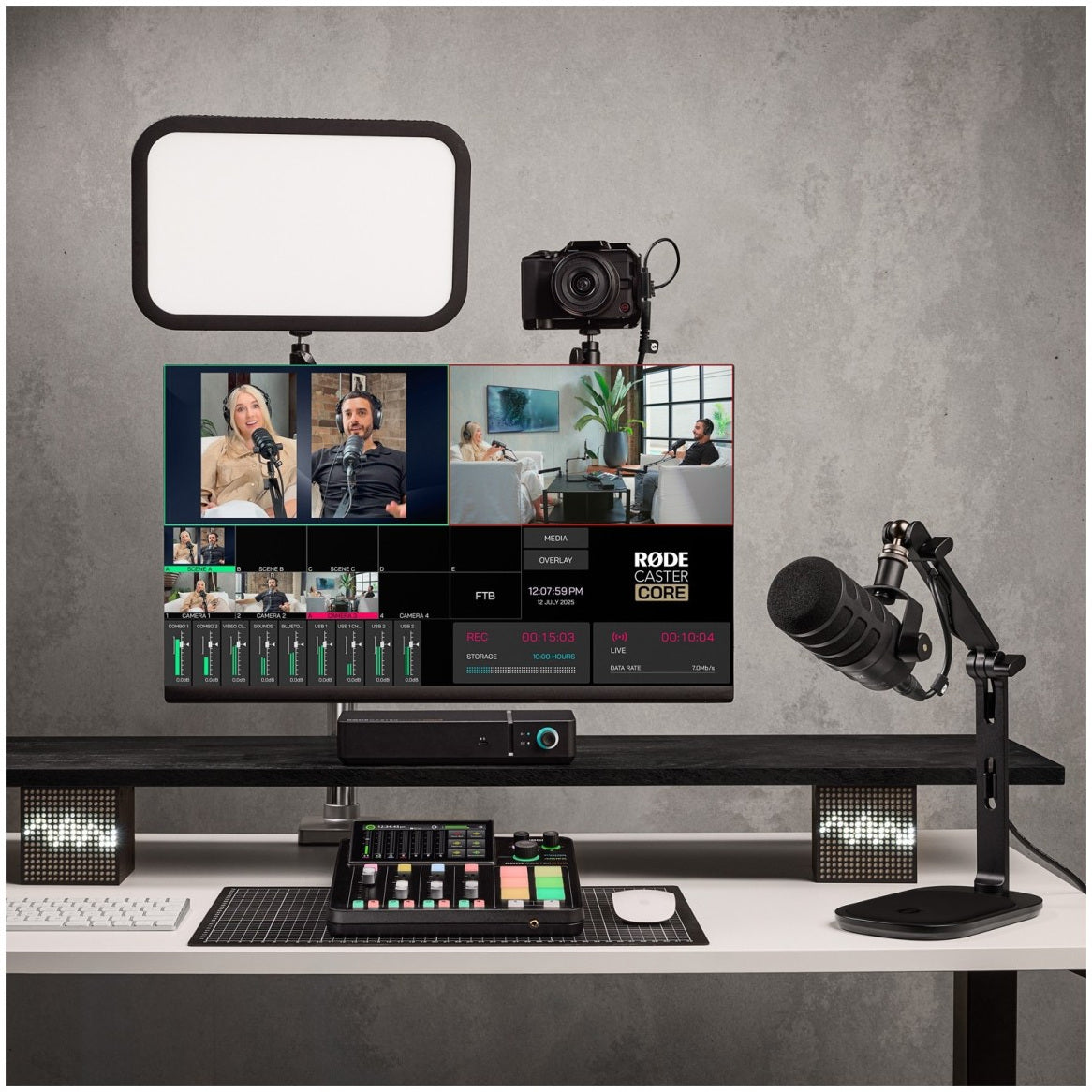 Rode DS3 black desktop studio arm on a streaming desk with monitor, camera and light