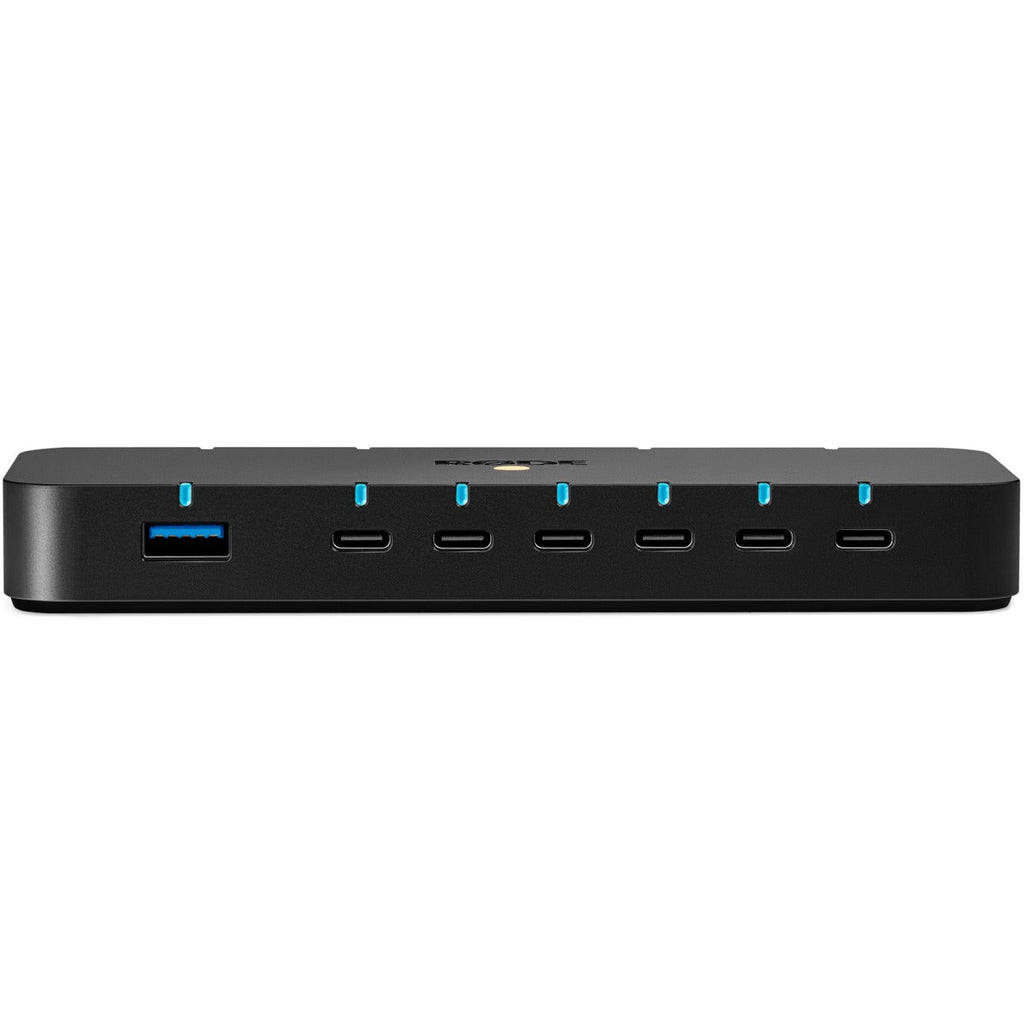 Rode Hub docking station and USB hub with multiple ports, sleek black design, and front view showing connectivity options