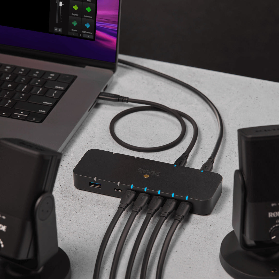 Rode Hub USB docking station and hub in packaging, featuring multiple ports and connectivity options for devices.