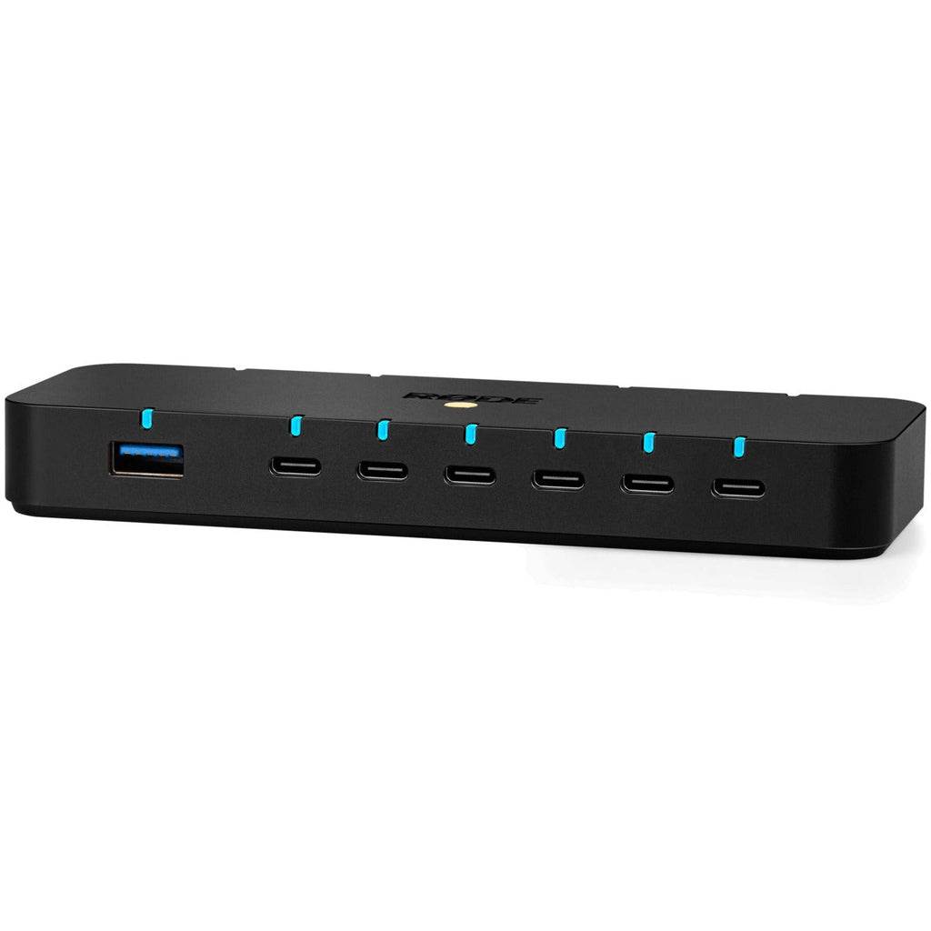 Rode Hub docking station with multiple USB ports, black rectangular design, and LED indicator on a white background
