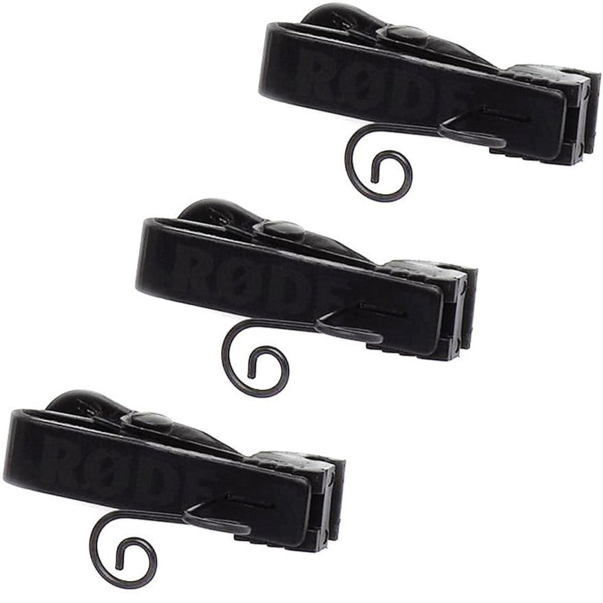Set of three Rode LAV-CLIP wireless microphone clips attached to small lavalier microphones for discreet audio capture.