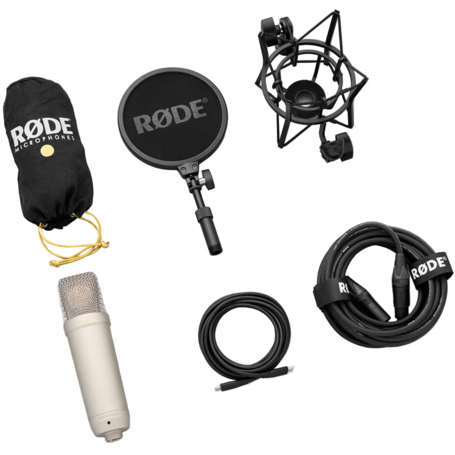 Rode NT1 GEN5 condenser microphone with nickel finish, included accessories displayed in the insitu kit.