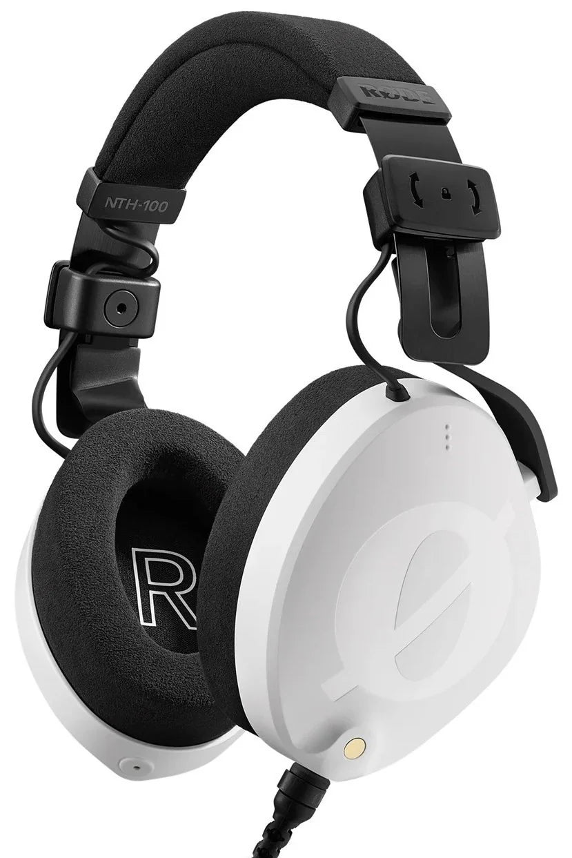 Rode NTH-100 studio headphones in white, featuring over-ear design and large ear cups, for professional audio monitoring.