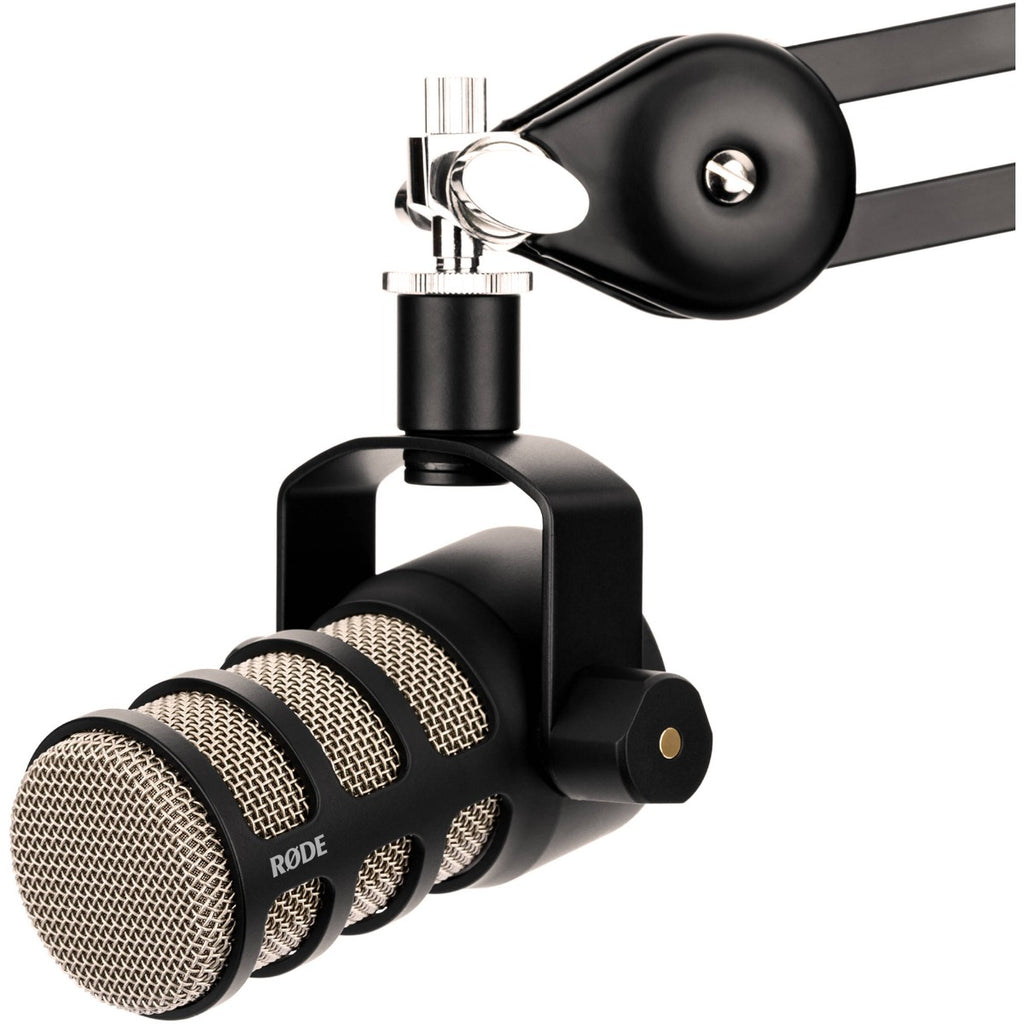 Rode PodMic dynamic microphone with silver grille and black body, designed for professional podcasting and broadcasting.