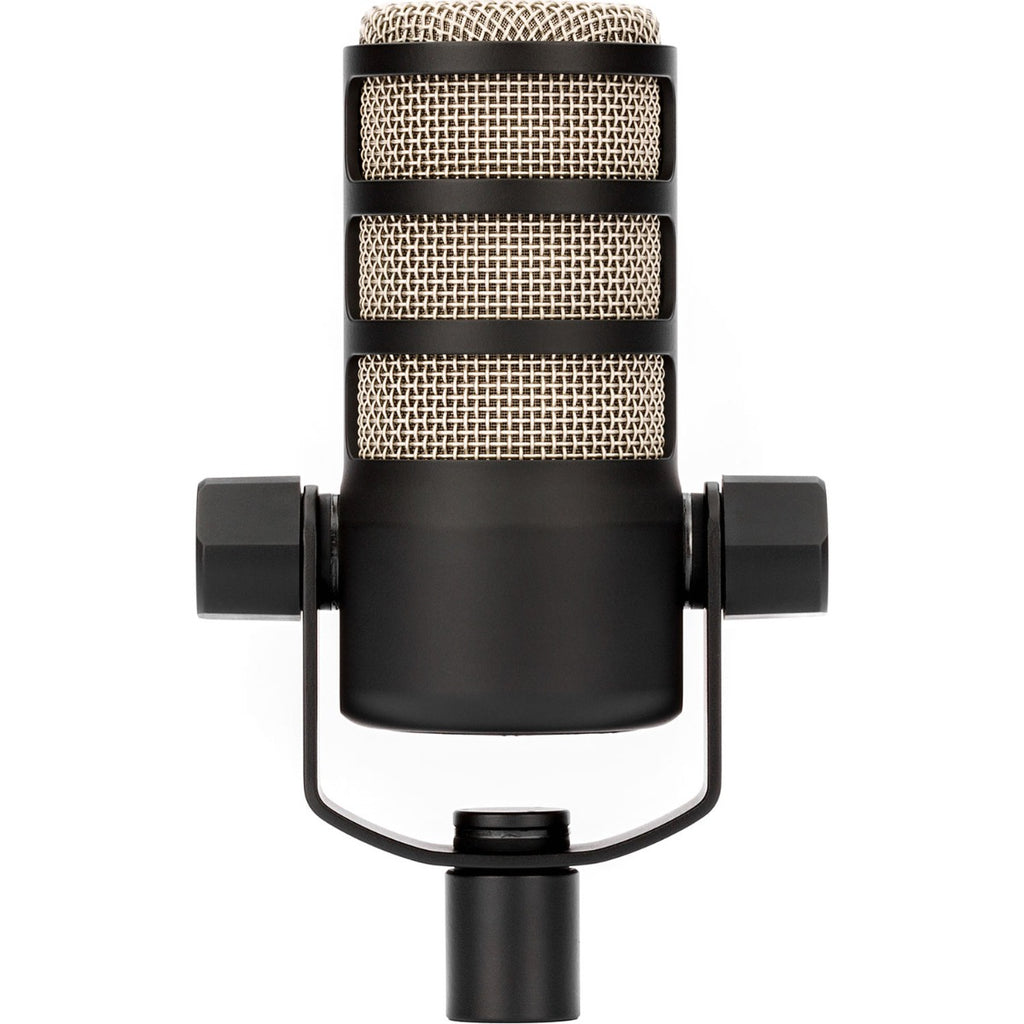 Rode PodMic dynamic microphone with black grille and body, designed for podcasting and broadcasting applications.