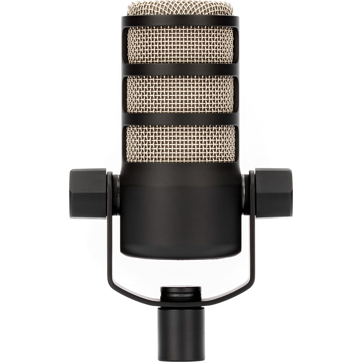 Rode PodMic dynamic microphone with black grille and body, designed for podcasting and broadcasting applications.