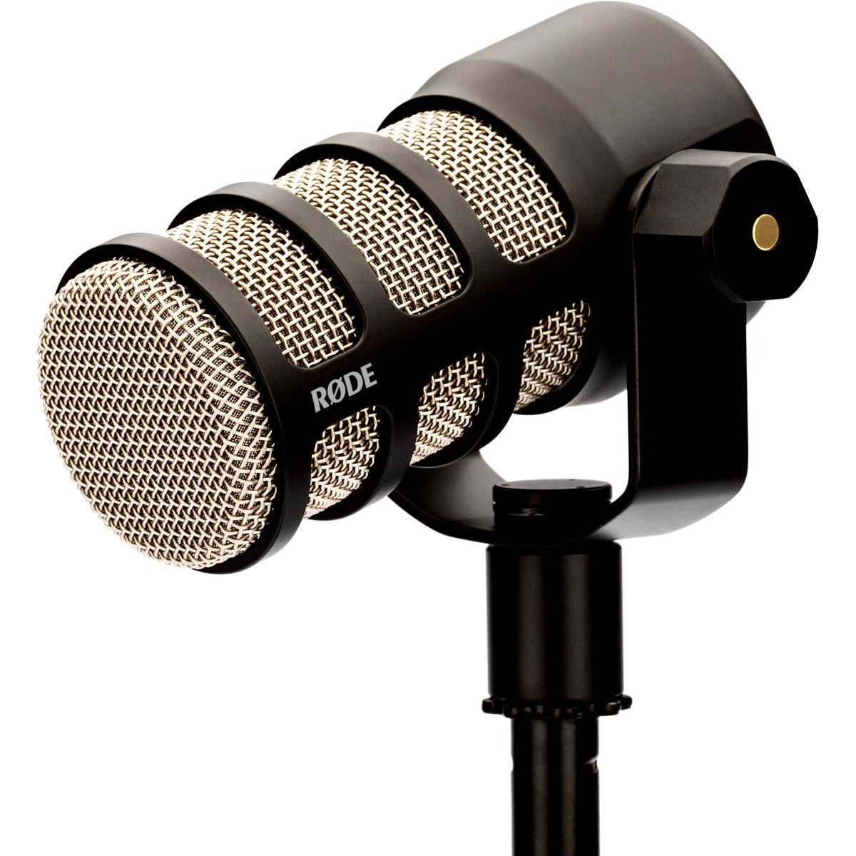 Rode PodMic dynamic microphone with black grille and sturdy metal body, designed for podcasting and broadcasting.