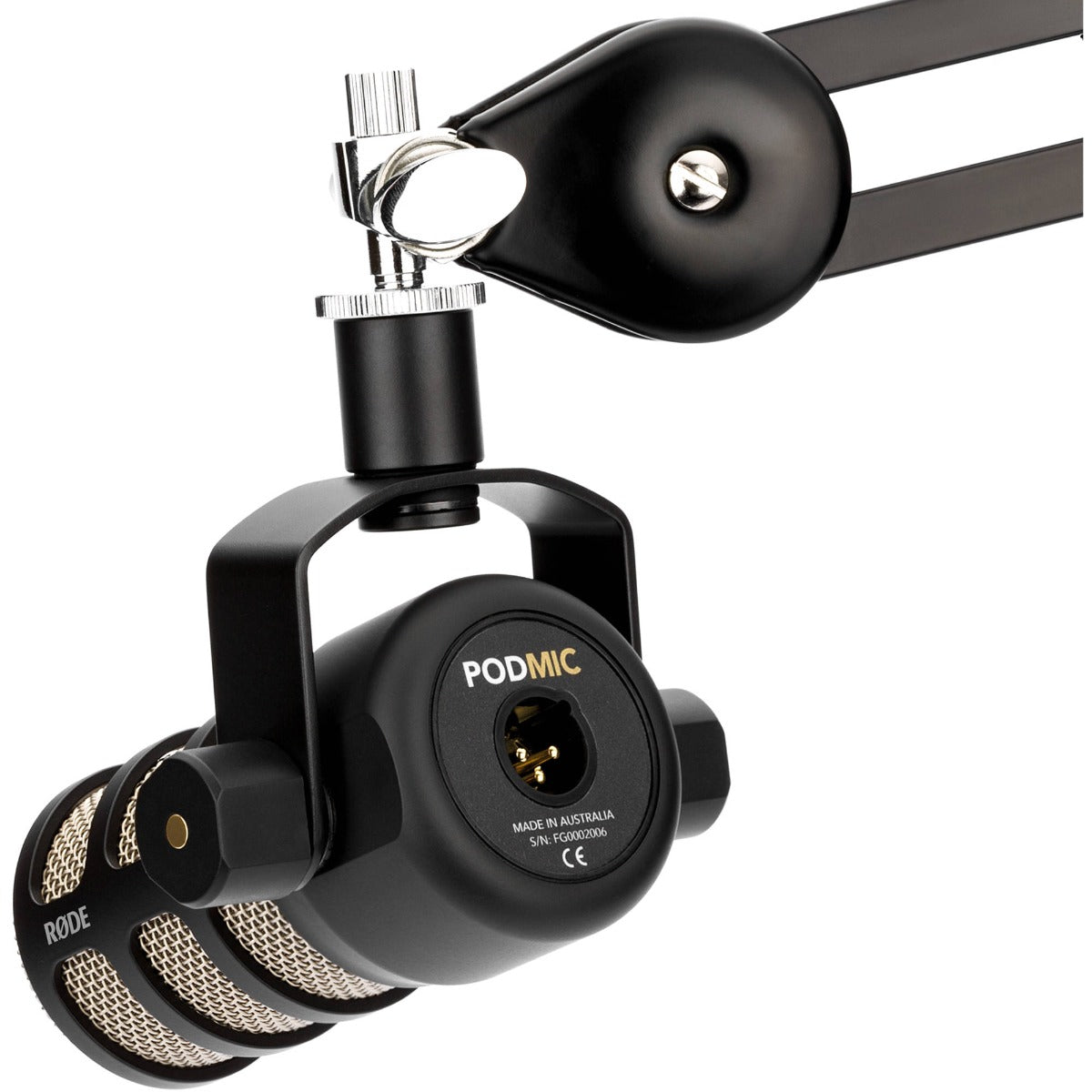 Rode PodMic dynamic microphone with black metal body and grille, designed for professional podcasting and broadcasting.