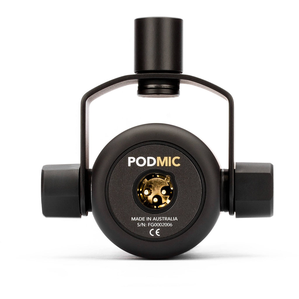 Rode PodMic dynamic microphone with black metal body and grille, designed for podcasting and broadcasting.