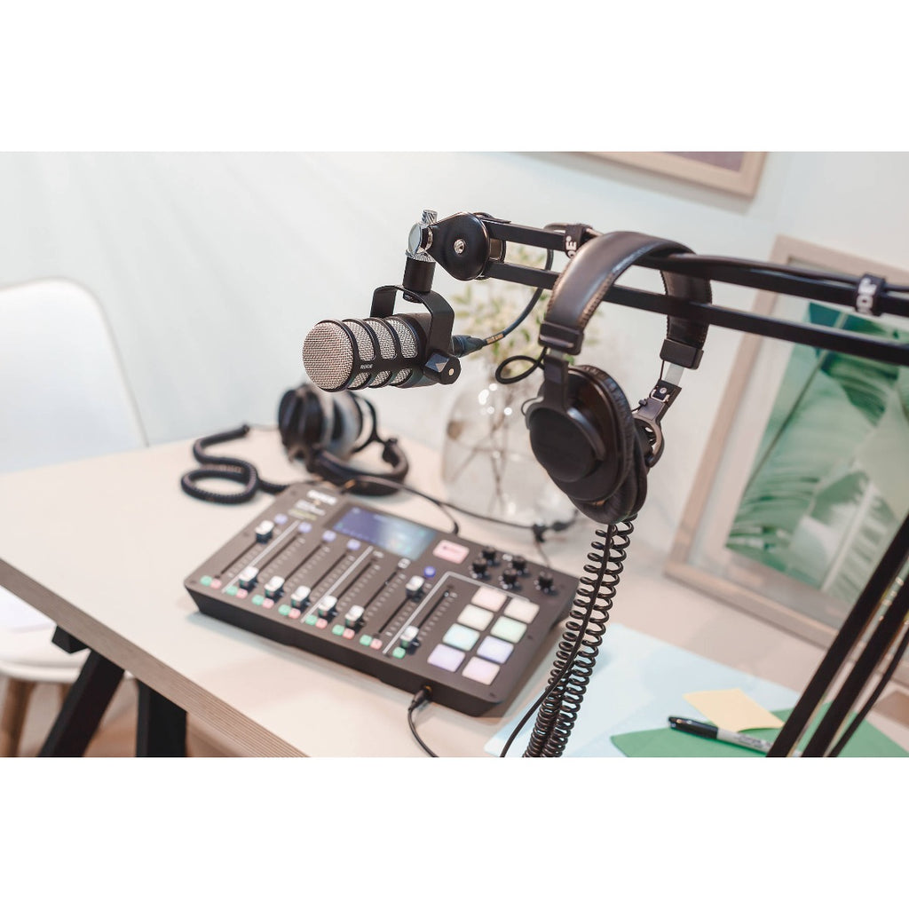 Rode PodMic dynamic microphone with black metal body and grille, suitable for podcasting and broadcasting.