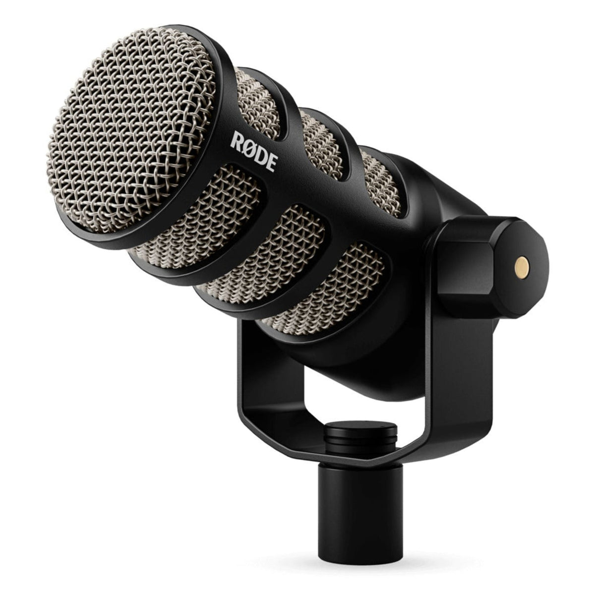 Rode PodMic dynamic microphone in black, angled view