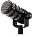 Rode PodMic dynamic microphone with rugged metal body, mounted on black stand, angled for podcasting and broadcasting use
