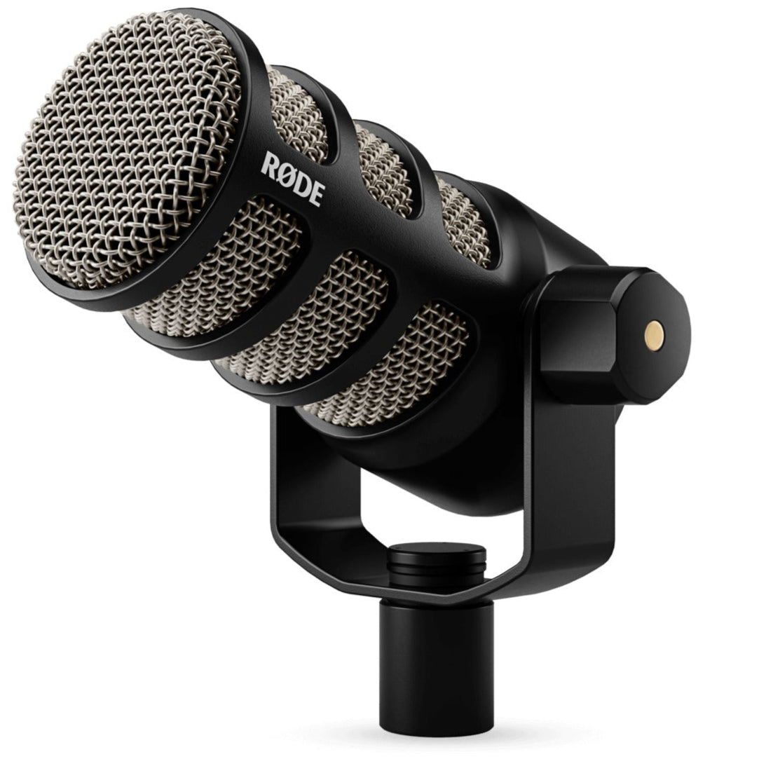 Rode PodMic dynamic microphone with rugged metal body, mounted on black stand, angled for podcasting and broadcasting use