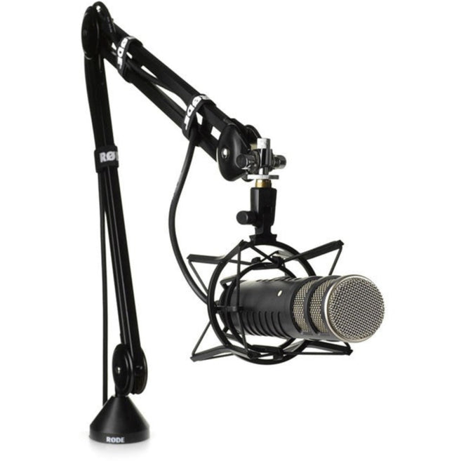 Rode PSA1 broadcast microphone arm with adjustable swivel and sturdy base, designed for professional audio setups.