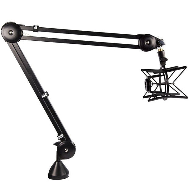 Rode PSA1 broadcast microphone arm with adjustable height and swivel mount for optimal positioning in studio settings.