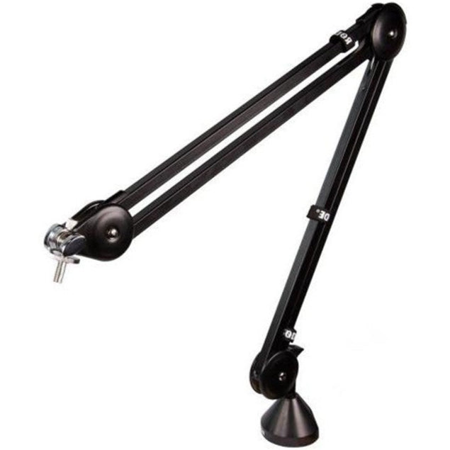 Rode PSA1 broadcast microphone arm in a sleek design, showcasing adjustable arm and sturdy mounting clamp.