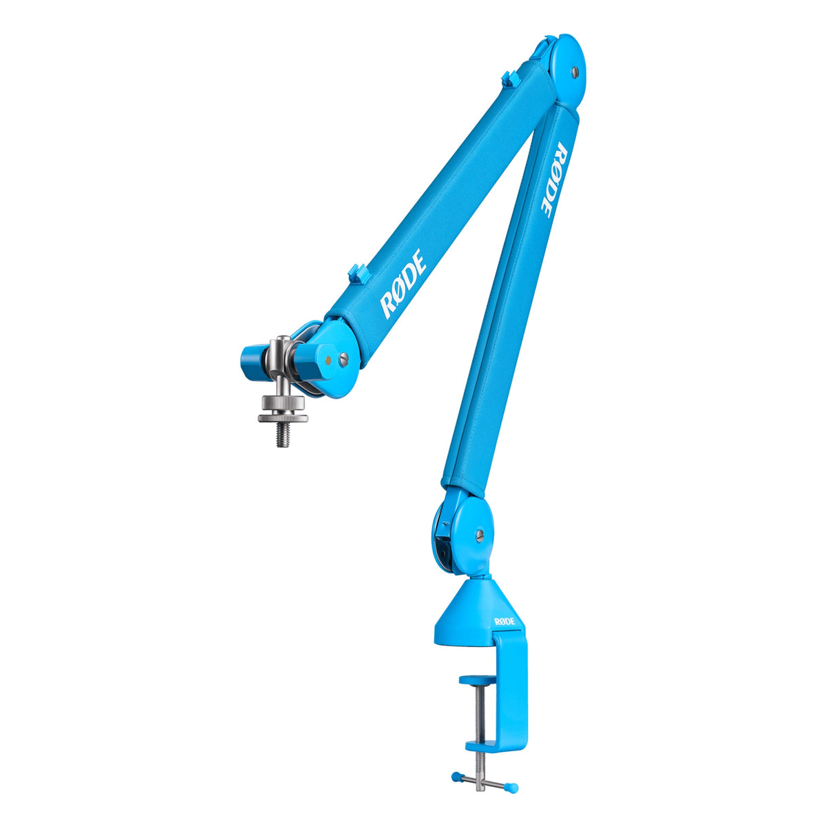 Rode PSA1+ microphone boom arm, in blue, angled view