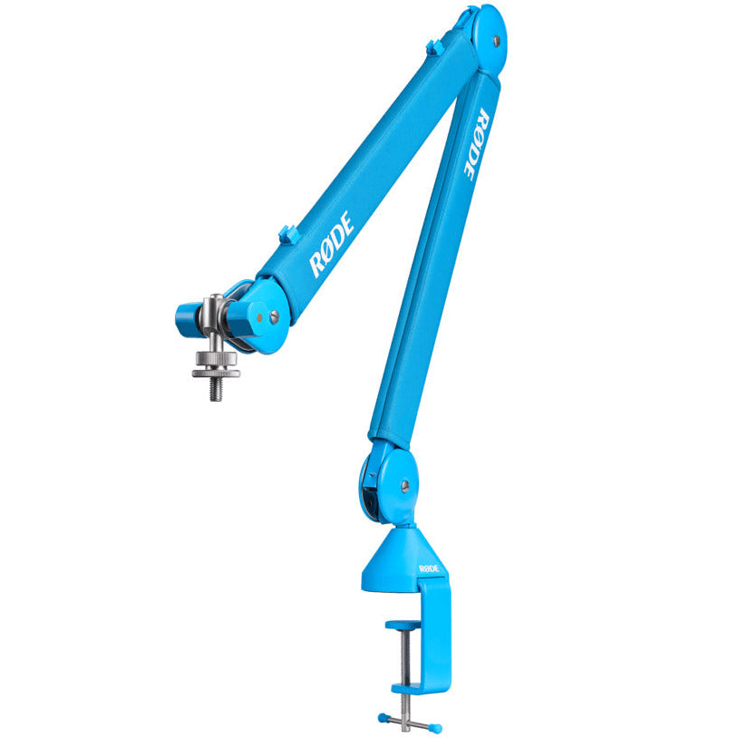 Rode PSA1+ broadcast microphone arm in blue, shown from a three-quarter angle, showcasing its adjustable design and build.