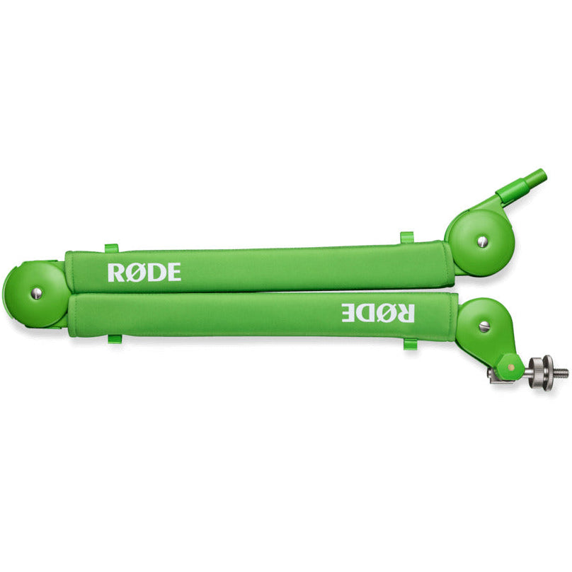 Rode PSA1+ broadcast microphone arm in green color, adjustable professional microphone stand for studio or broadcasting use.