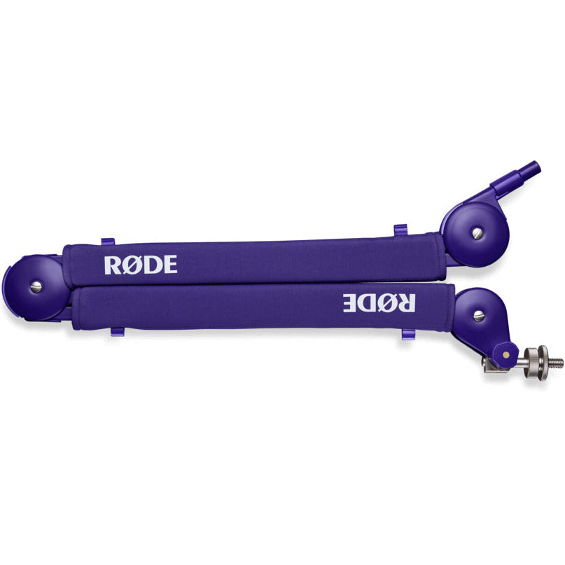 Rode PSA1+ broadcast microphone arm in purple, adjustable with spring-loaded tension and sleek design for professional audio setups.