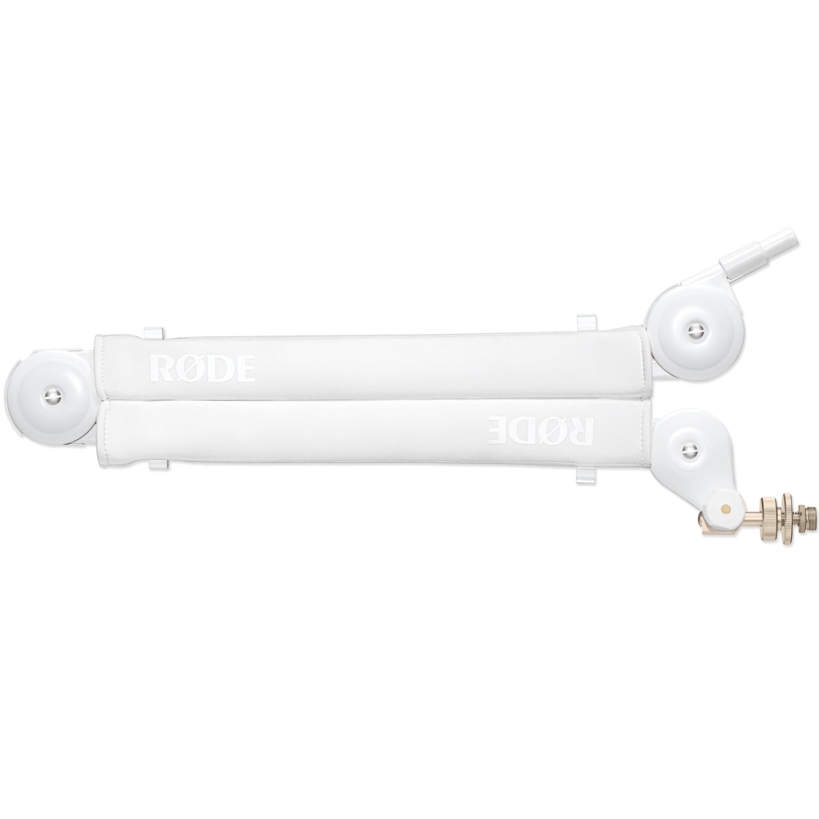 Rode PSA1+ broadcast microphone arm in white, folded packaging with Rode branding, designed for professional audio setups.