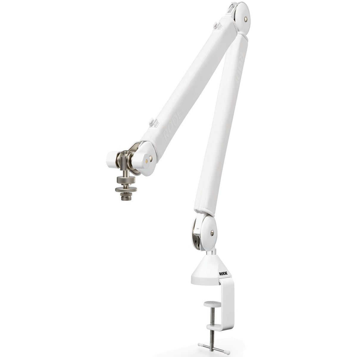 Rode PSA1+ broadcast microphone arm in white, viewed from three-quarter left, showing adjustable arm with mounted microphone clip.