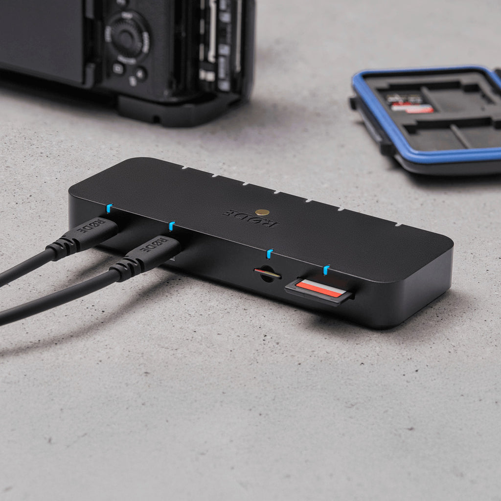 Rode Hub USB docking station with multiple ports, RGB lighting, and sleek design for reliable power and rapid data transfer.