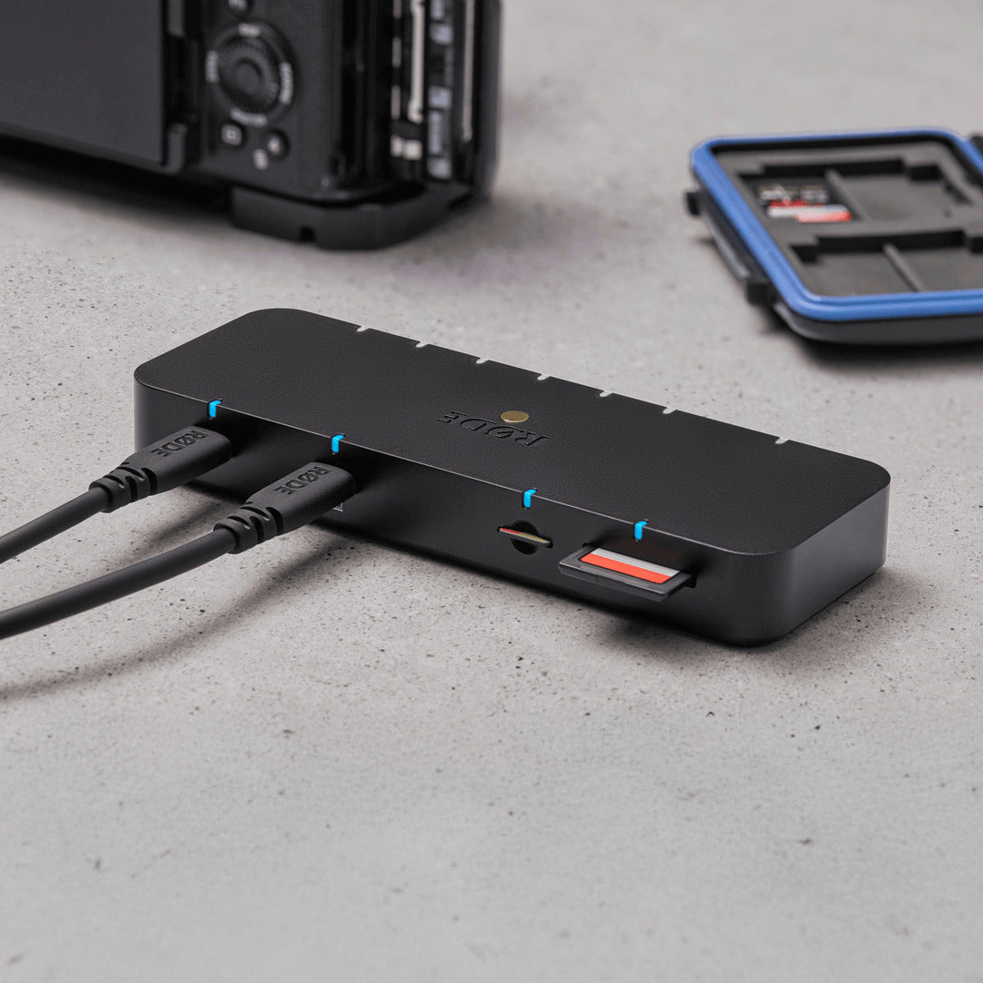 Rode Hub USB docking station with multiple ports, RGB lighting, and sleek design for reliable power and rapid data transfer.