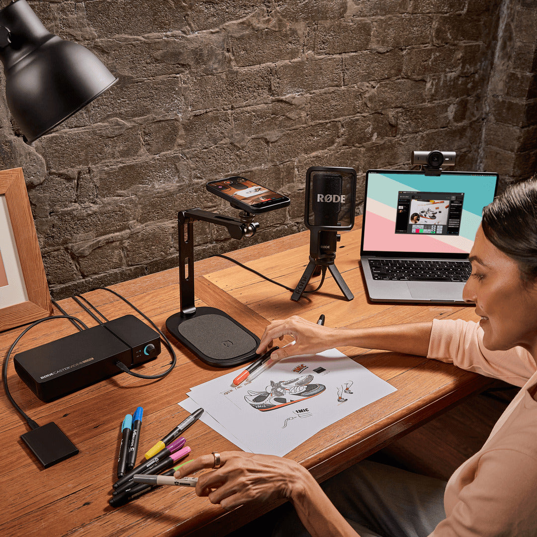 Rode RodeCaster Video Core editing controller with multiple buttons and dials, designed for professional video streaming and editing.