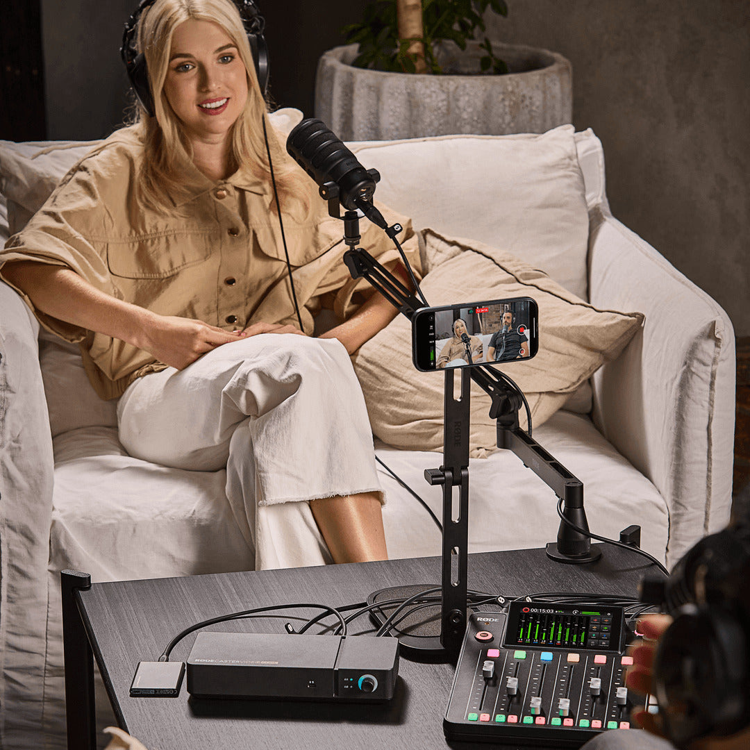 Rode RodeCaster Video Core control interface with buttons and display, used for professional video editing and broadcasting.