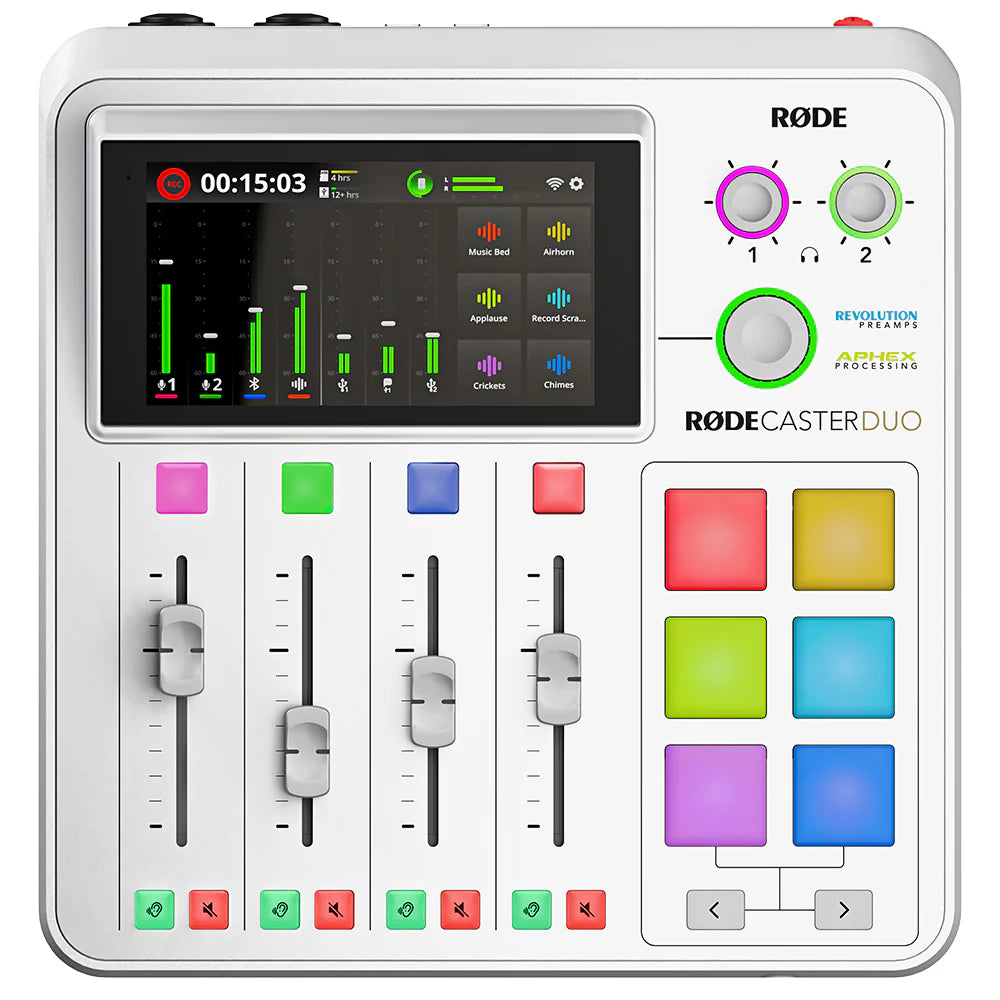 Rode RodeCaster DUO audio interface with white finish, featuring multiple input and control knobs for podcast production.