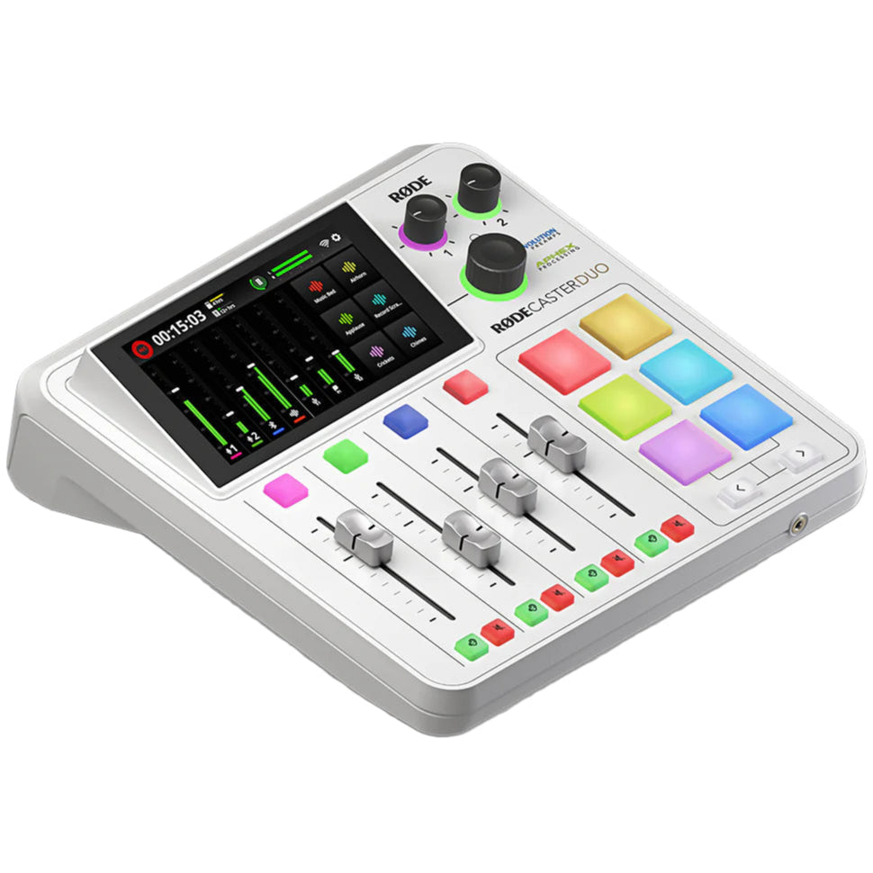 Rode RodeCaster DUO audio interface with white finish, featuring multiple input ports and controls for podcast production studio.