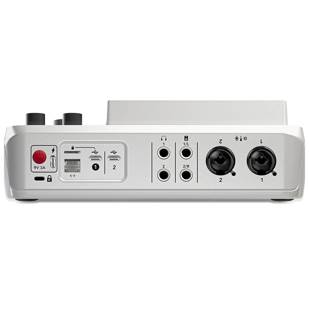Rode RodeCaster DUO audio interface with multiple input ports and controls for professional podcast production setup.