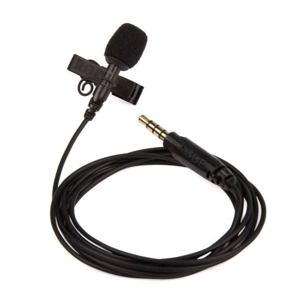 Rode smartLav+ lavalier microphone clipped to clothing, compact wearable microphone for clear audio recording.