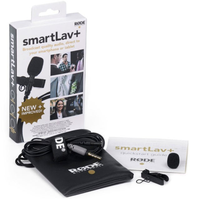 Rode smartLav+ lavalier microphone clipped to clothing, compact wearable microphone for professional audio recording and broadcasting.