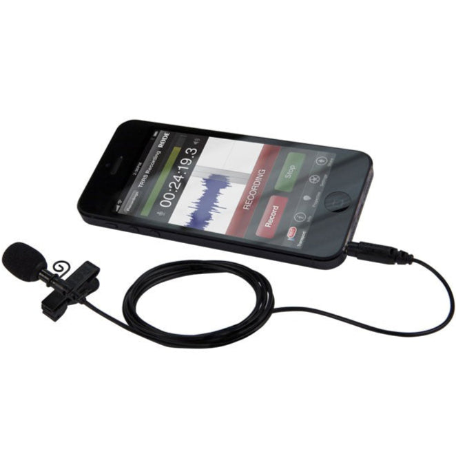 Rode smartLav+ lavalier microphone clipped to clothing, compact wearable microphone for clear audio recording.