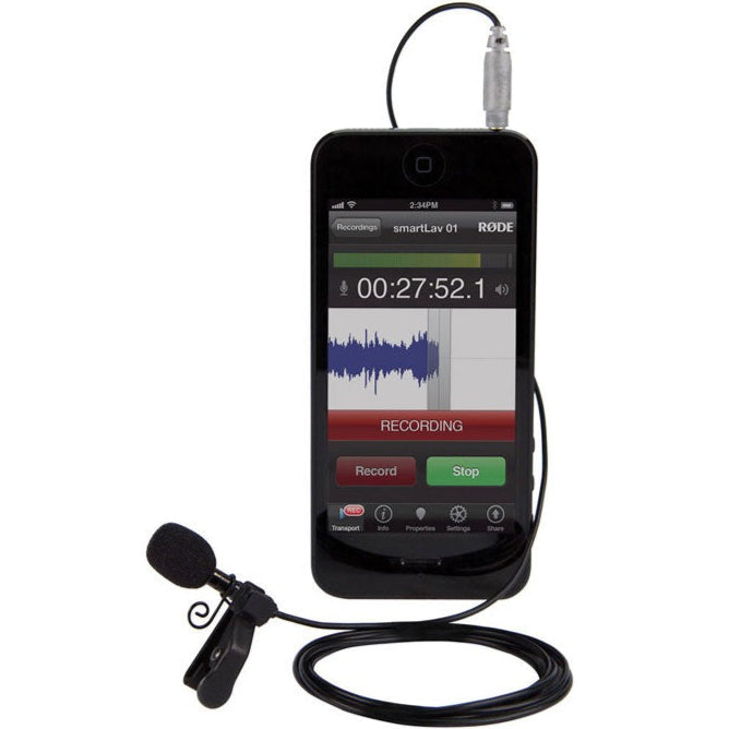 Rode SmartLav+ lavalier microphone clipped to a clothing lapel, designed for clear wearable audio recording.