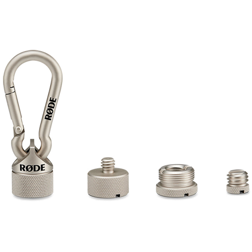 Rode Thread Adaptor parts, including shock mount components, shown in a high-angle view with three detached pieces.