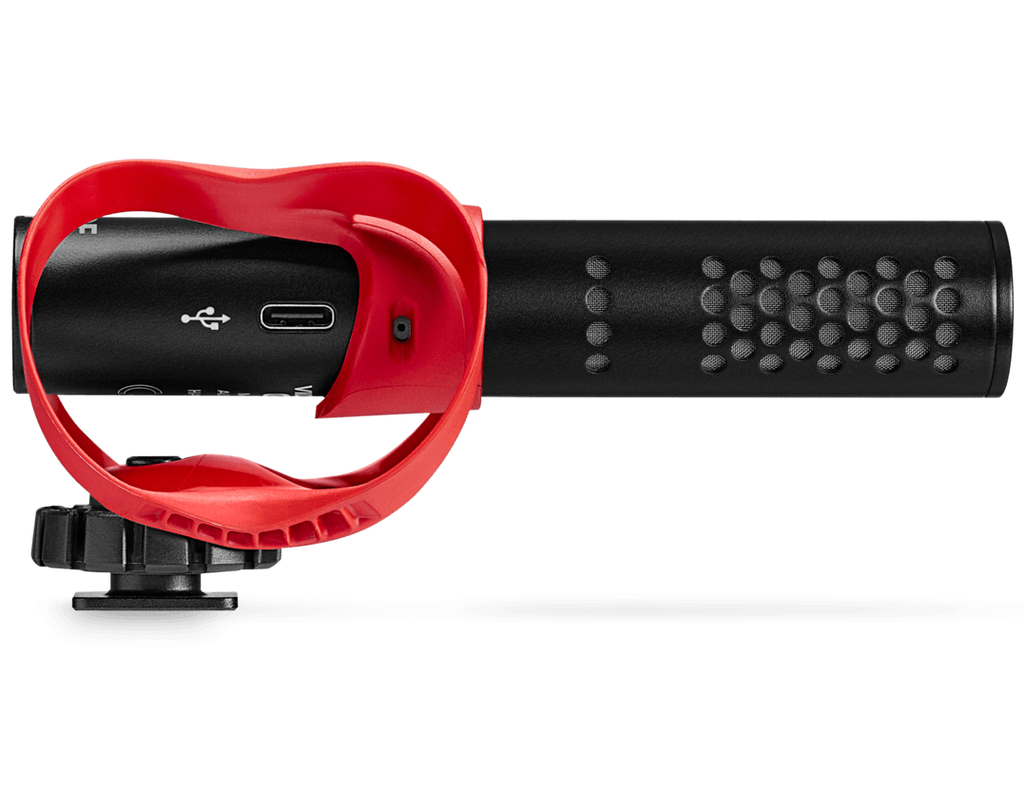 Rode VideoMic Go II shotgun microphone shown from the right side, with helix design and RGB lighting accents.