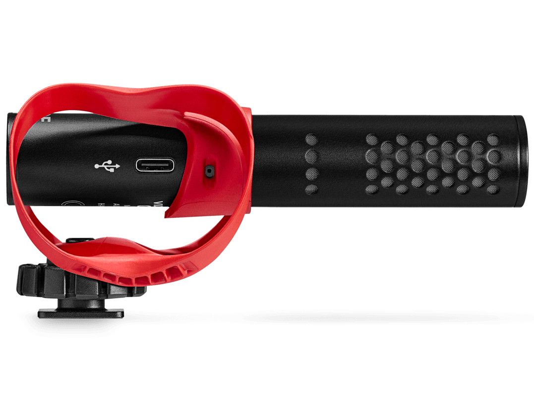 Rode VideoMic Go II shotgun microphone shown from the right side, with helix design and RGB lighting accents.